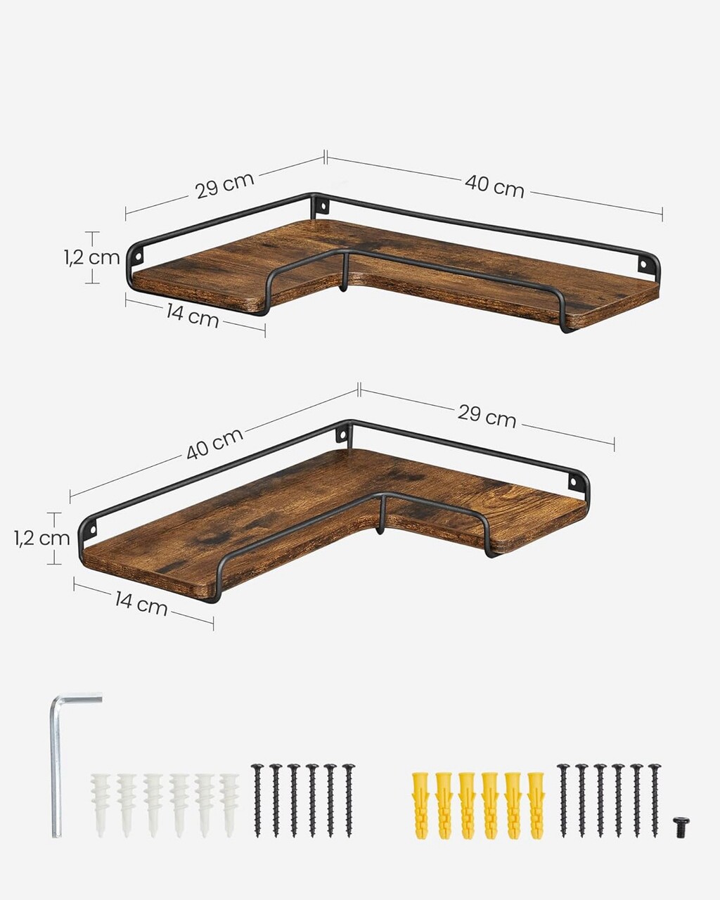 Set 2 rafturi de colt L-shape, Vasagle, 40 x 29 x 4 cm, PAL/otel, maro rustic