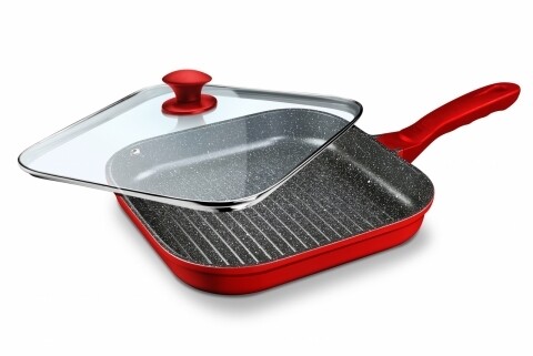 Tigaie Grill Home Chef, Heinner, 4 x 28 cm, aluminiu turnat, sticla, negru/rosu