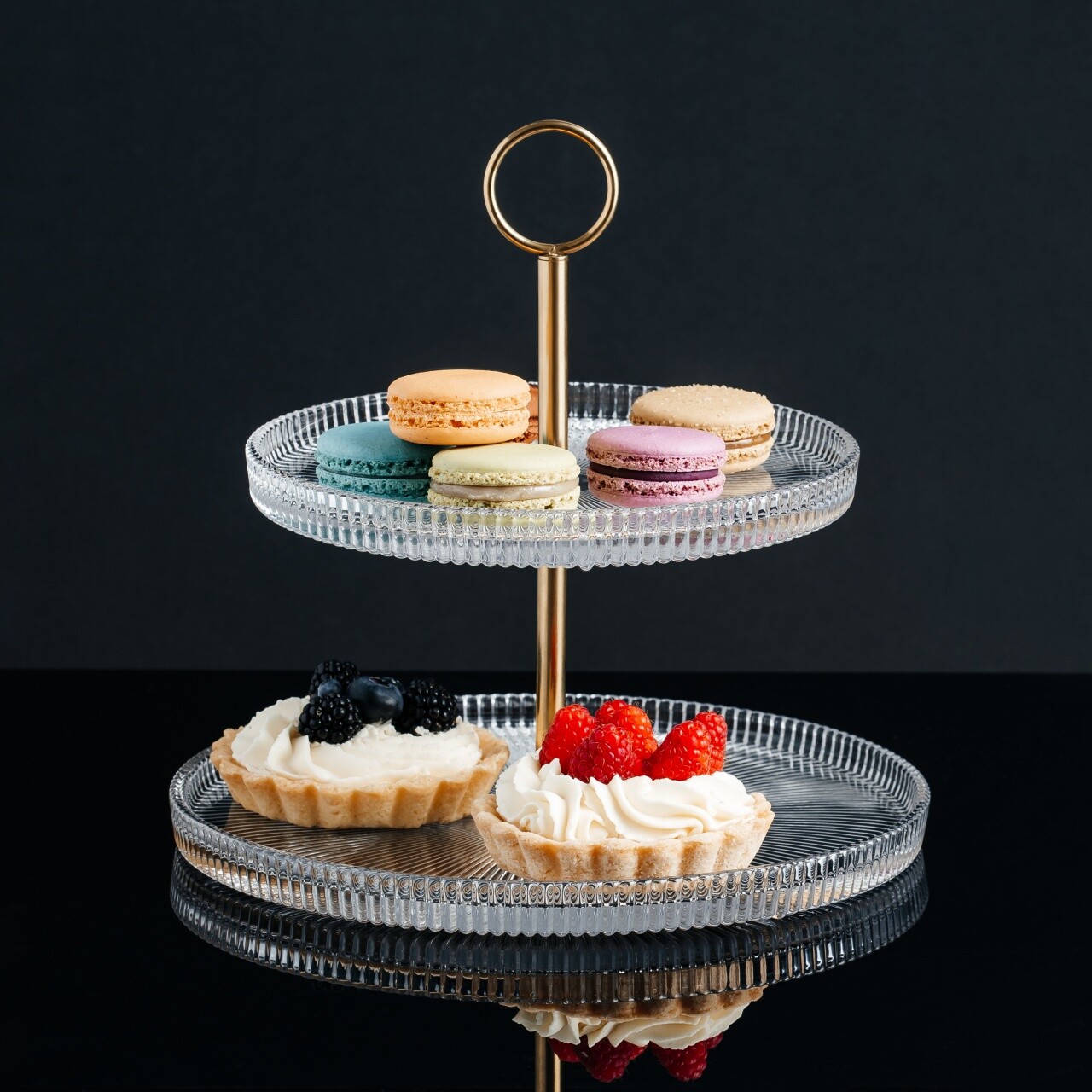 Suport prajituri cu 2 nivele Curly, Ambition, 18 cm/26 cm, otel/sticla, auriu/transparent - imagine 5