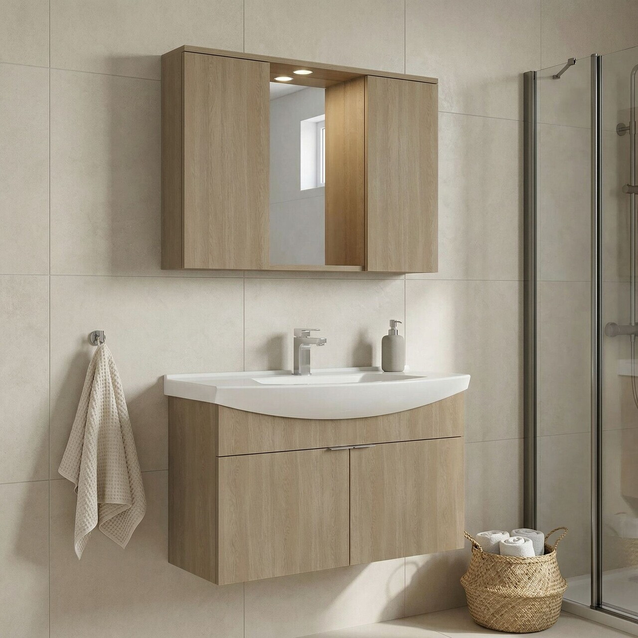 Set Dulap de Baie cu Chiuvetă și Oglindă (2 Piese), Hanah Home, Purus 100, Stejar