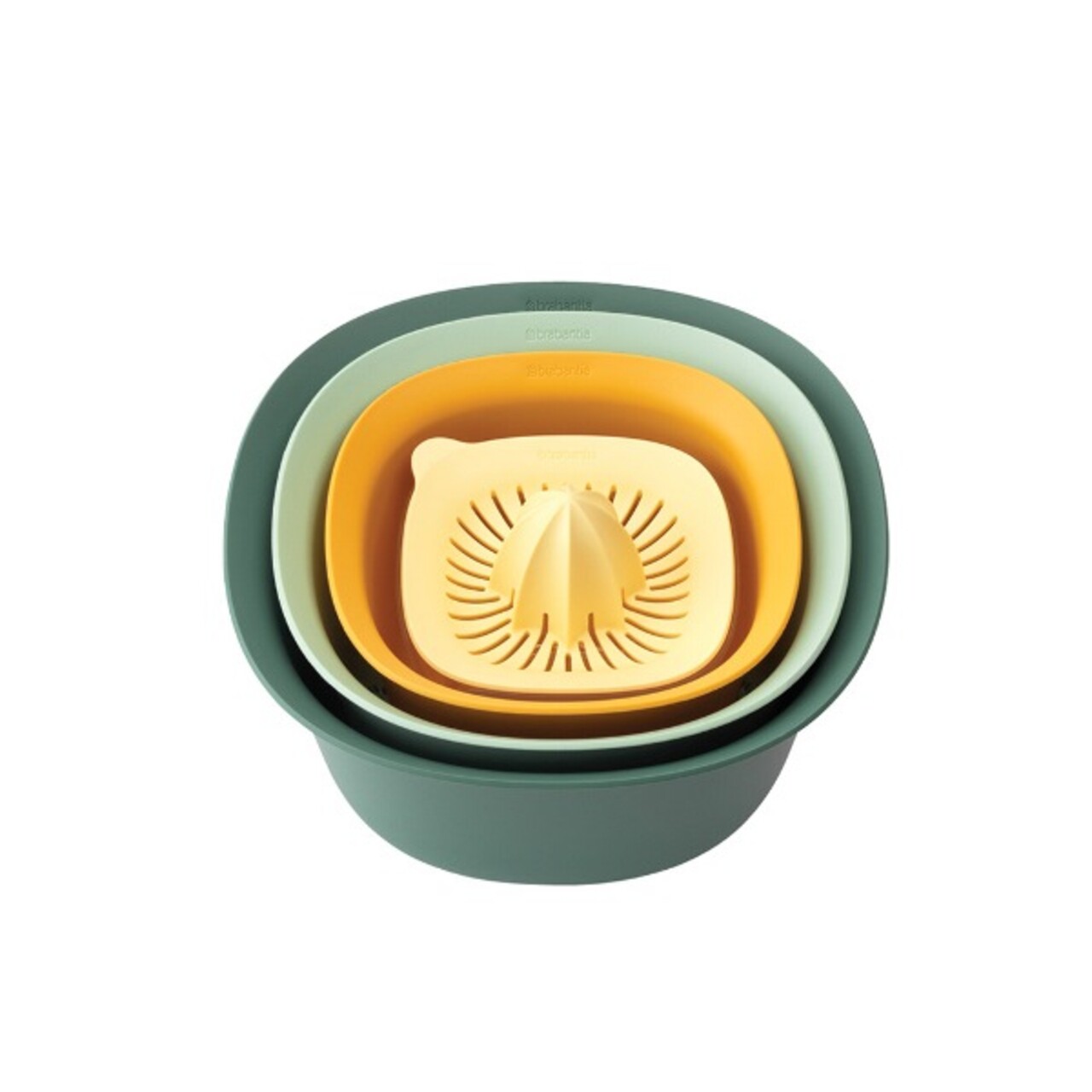 Set pentru mixat 4 piese, boluri, sita, storcator citrice, Brabantia, Tasty+, 0.5 L-1.5 L-2.4 L-3.2 L, plastic, multicolor