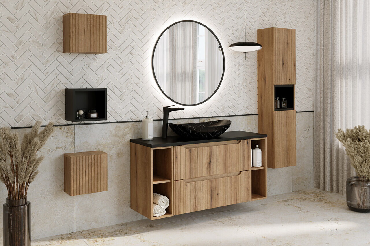 Set mobilier baie Nova Coast Evoke Mona 60 cm, dulap inalt si masca cu lavoar, Comad, MDF/PAL, stejar - view 3