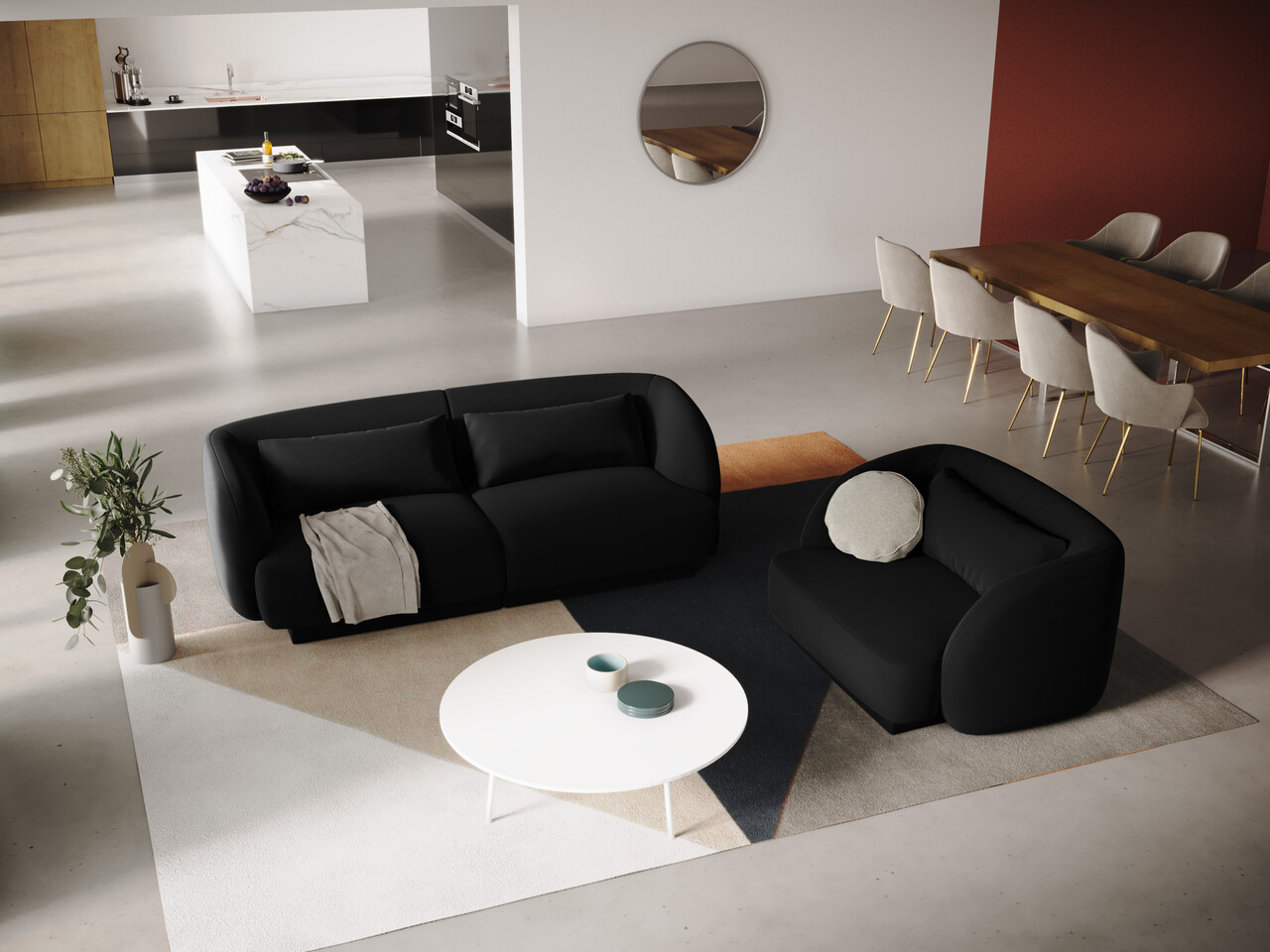 Canapea 2 locuri, Tulum, Cosmopolitan Design, 180x90x70 cm, catifea, negru