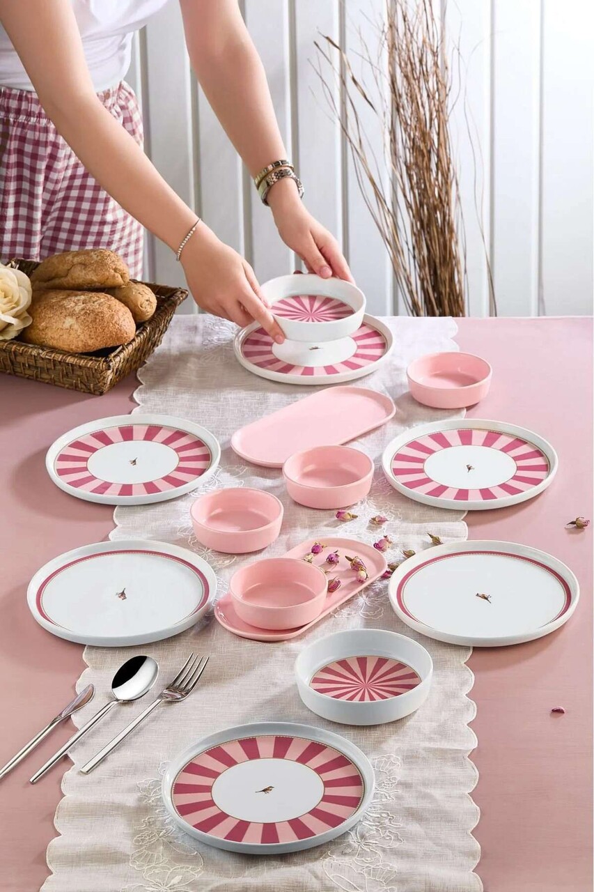 Set de mic dejun (14 piese), L'essentiel Maison, 430KSV6139, Platou: 22 x 11 x 3,5 cm (2 bucăți), Roz / Roșu - view 2