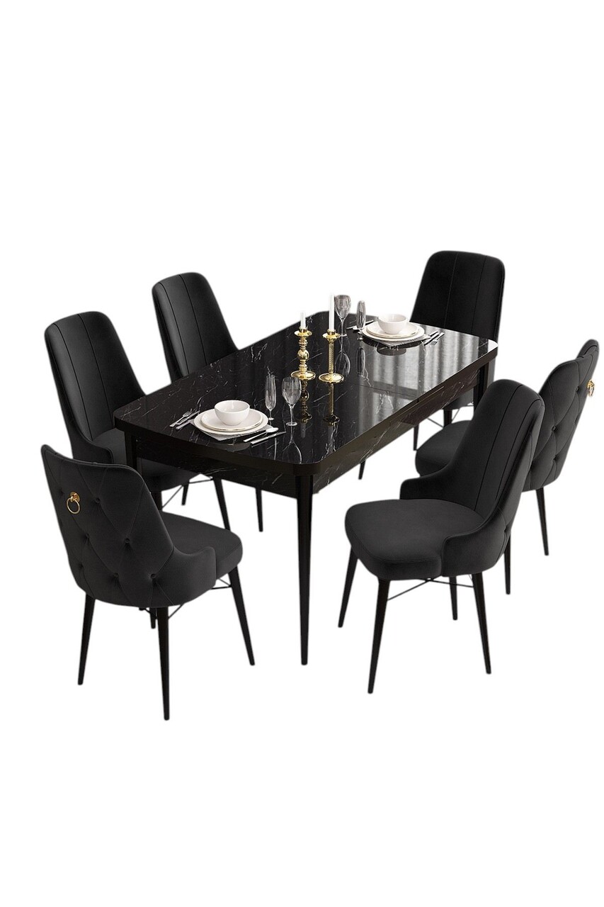 Set masa extensibila si scaune, Hanah Home, Are, Marmură neagră / Negru - view 2