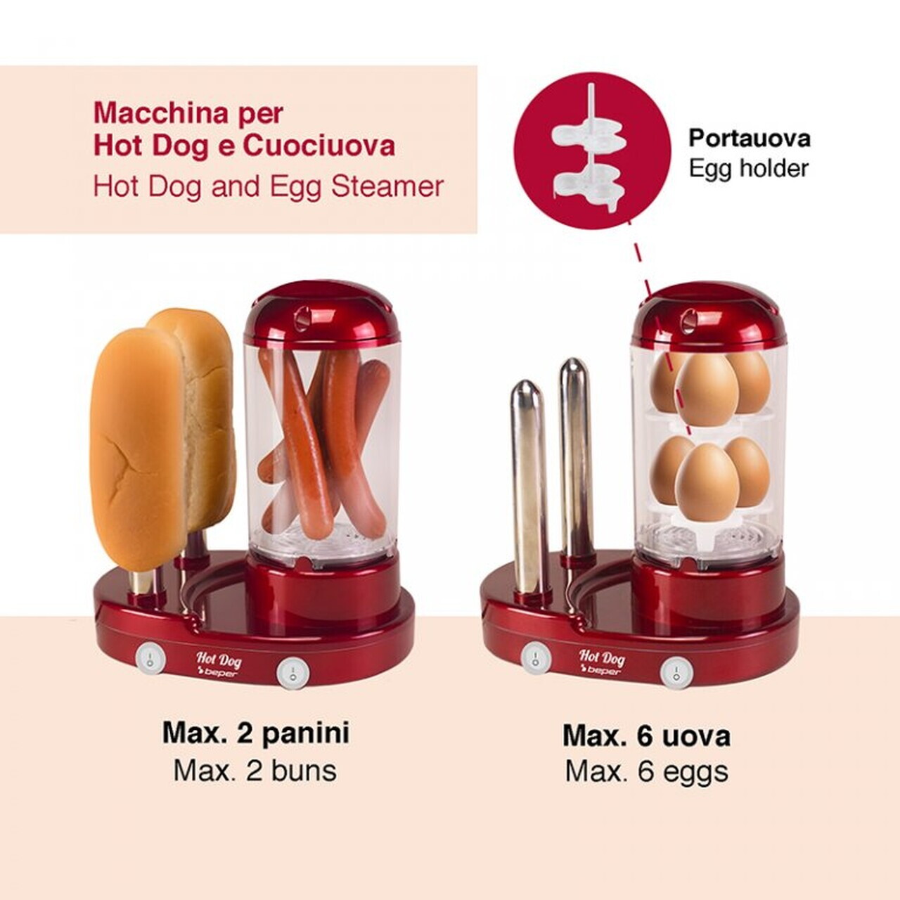 Aparat de preparat hot dog si fierbator oua, 3 in 1, Beper, 440W, rosu - view 4