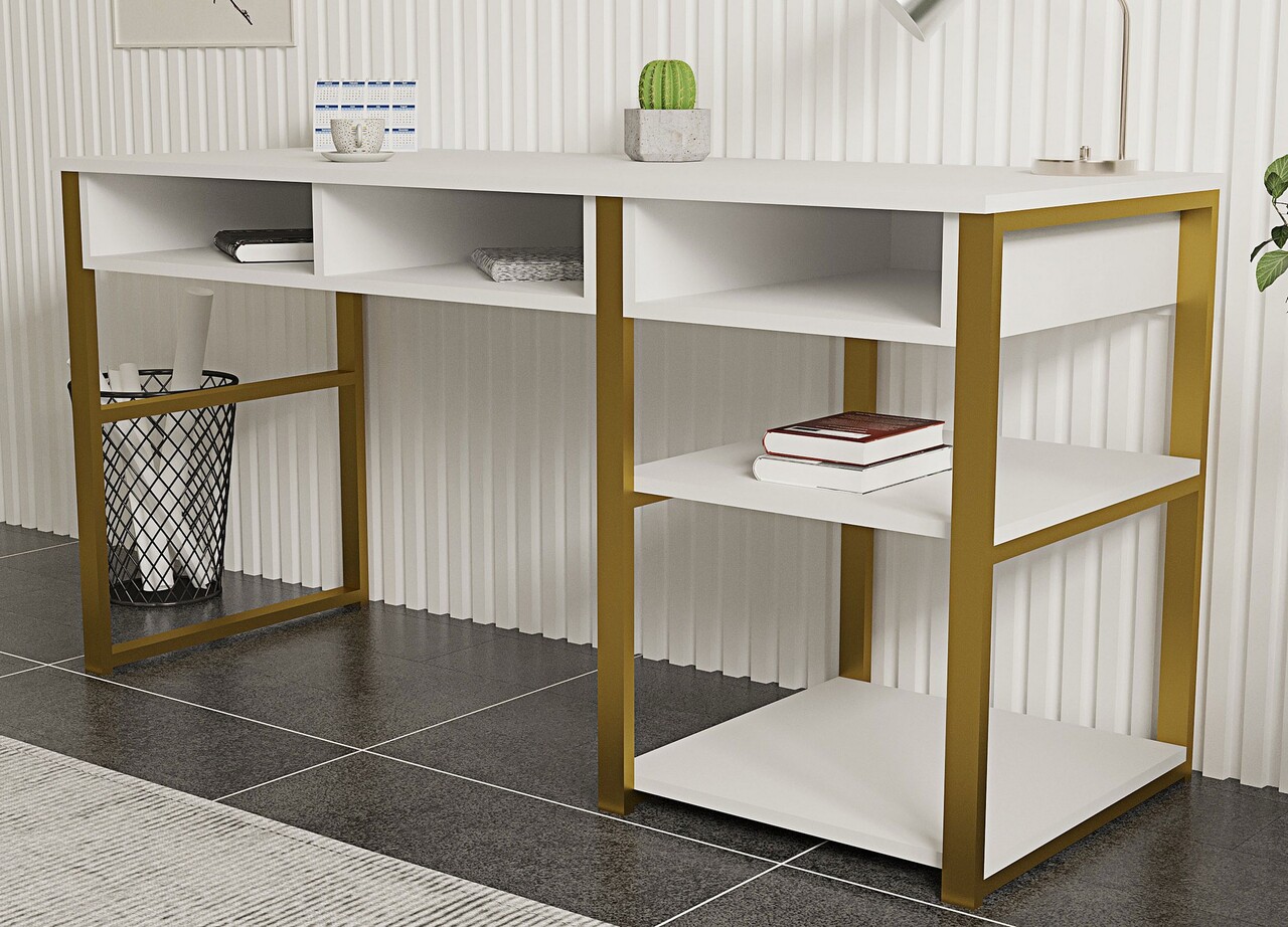 Birou, Puqa Design, Emro, 150x75.8x58.4 cm, PAL, Alb/Auriu - 2 | YEO
