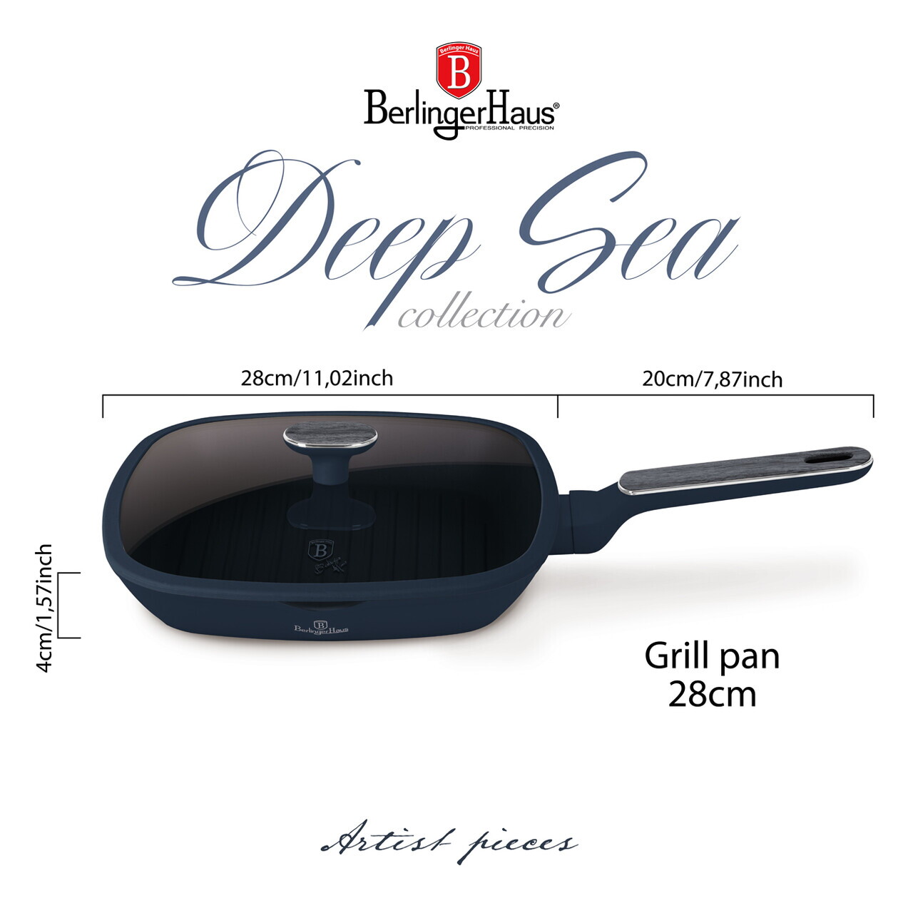 Tigaie grill cu capac Berlinger Haus, Deep Sea, 28 cm, 2.1 L, aluminiu forjat, albastru mat/gri - imagine 10