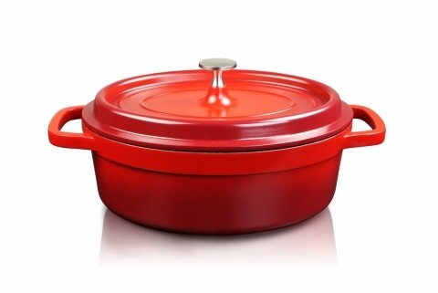 Cratita ovala cu capac Home Chef, Heinner, 3.5 l, aluminiu turnat, negru/rosu