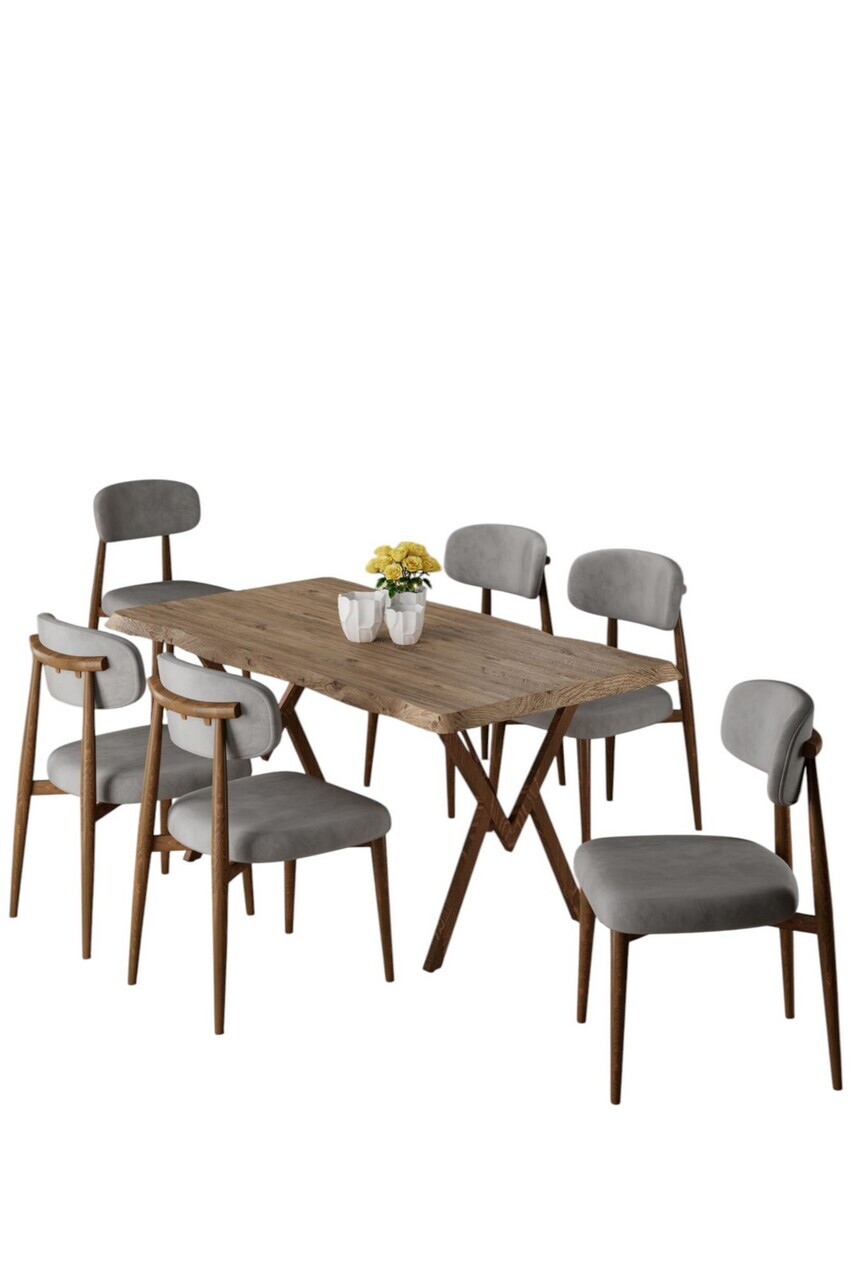Set masa si scaune (7 piese), Hanah Home, Zerra, Pin / Aspect de lemn / Gri — imaginea 2