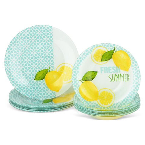 Set 12 farfurii, Fresh Summer, 20 cm - 25 cm, sticla, transparent/multicolor