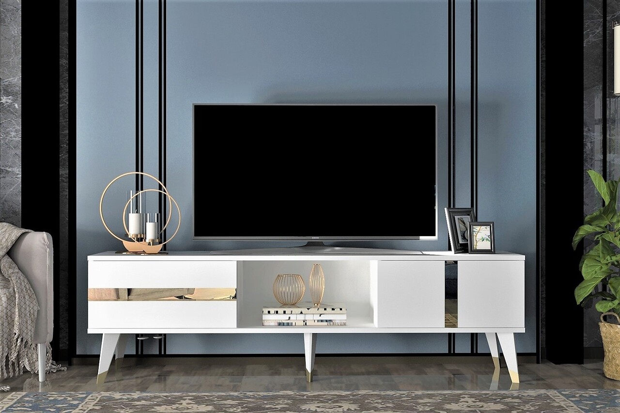 Comoda TV, Olivia, Vania, 150x29.6x50 cm, PAL , Alb/Auriu - 1 | YEO