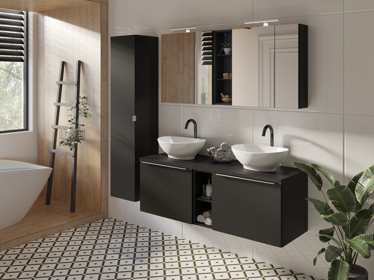 Set mobilier baie, dulap dublu si 2 lavoare, 140 cm Lola, Santa Fe Black, Comad, MDF/PAL laminat, negru mat — imaginea 15