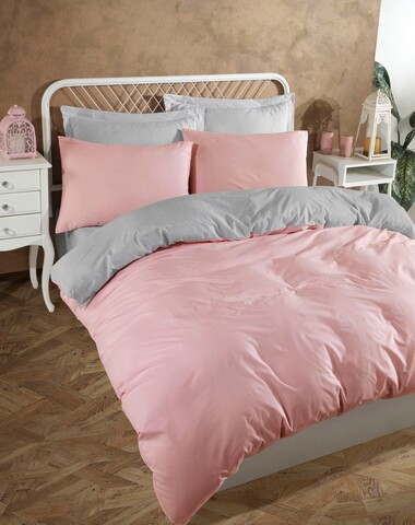 Lenjerie de pat dubla, Solid - Powder, Grey, Eponj Home, 65% bumbac/35% poliester