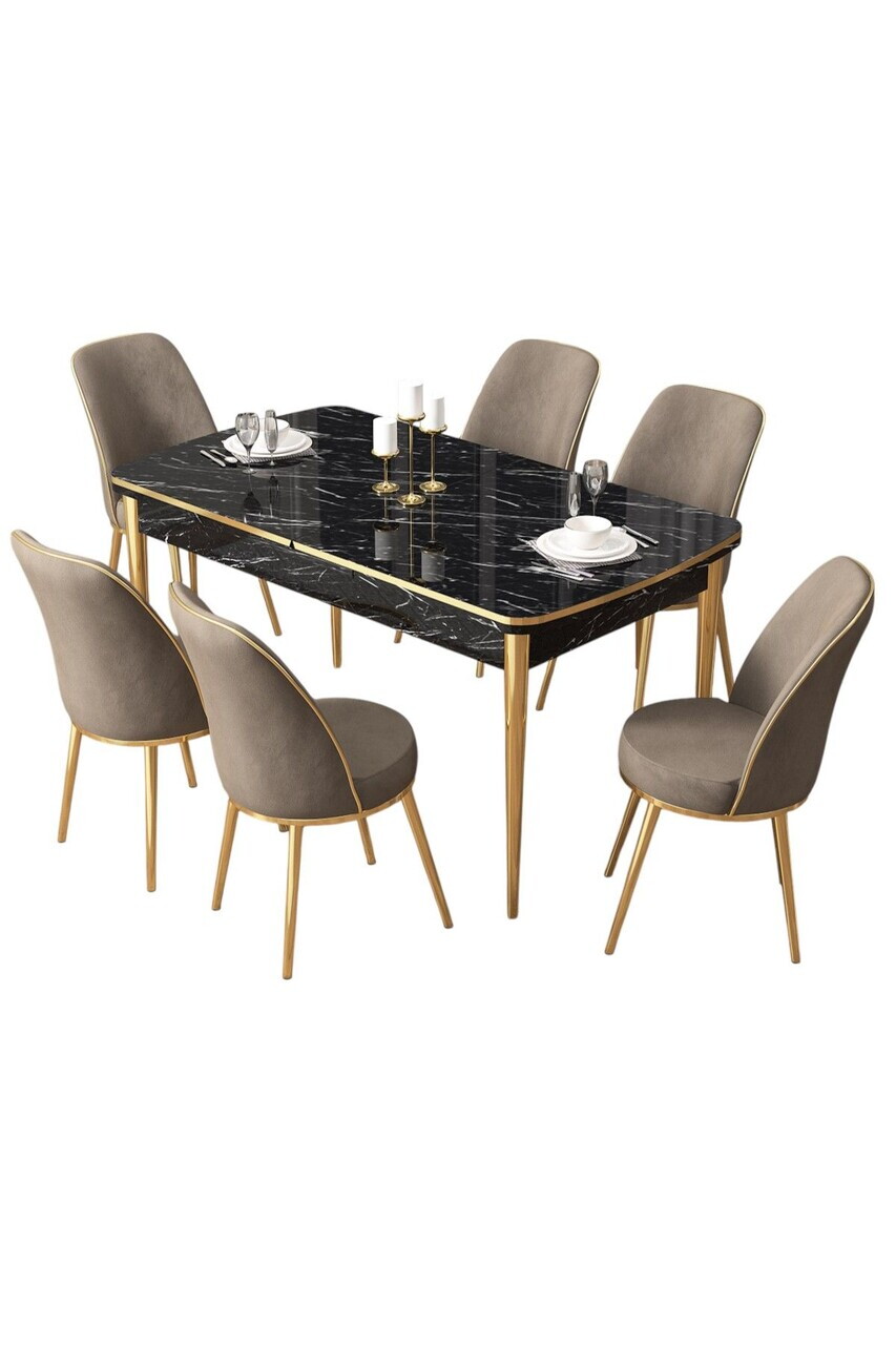 Set masa extensibila si scaune (7 piese), Hanah Home, Pale, Model de marmură neagră / Auriu / Cappuccino — imaginea 2