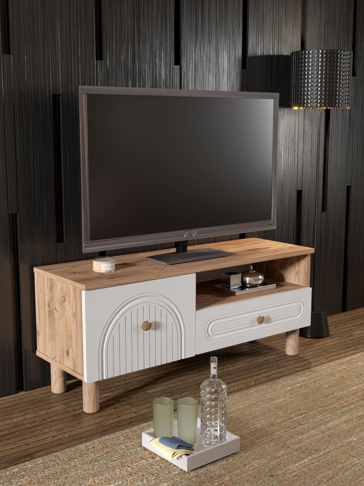 Comoda TV, Hanah Home, Bellora 105, 104x47x35 cm, PAL, Pin Atlantic / Alb