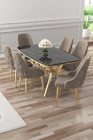 Set masa si scaune (7 piese), Hanah Home, Asel, Sonata / Aur / Cappuccino