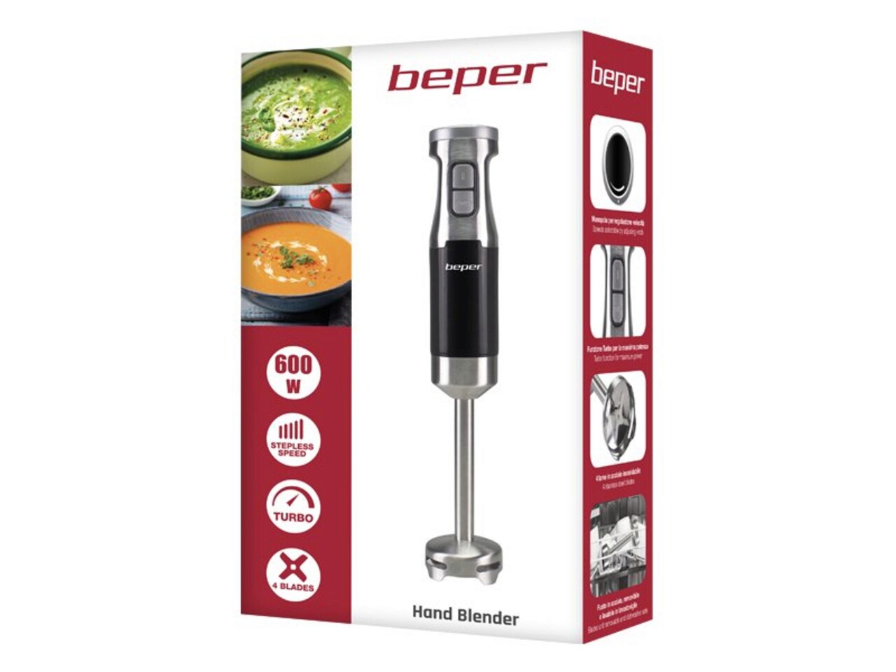 Blender vertical Beper, 600 W, 6.5x6.5x38.3 cm, ABS, inox, negru/argintiu