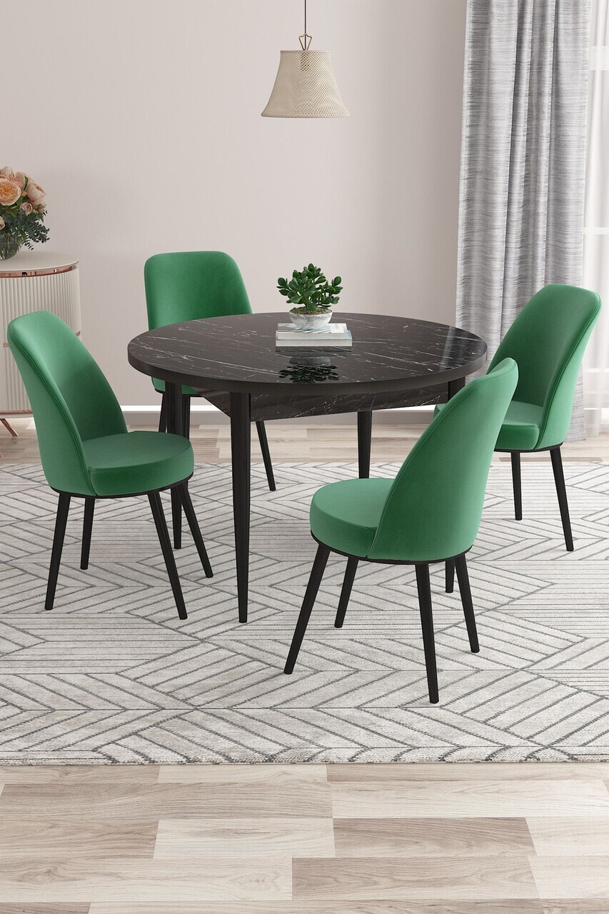 Set masa si scaune (5 piese), Hanah Home, Kea, Model de marmură neagră / Verde smarald