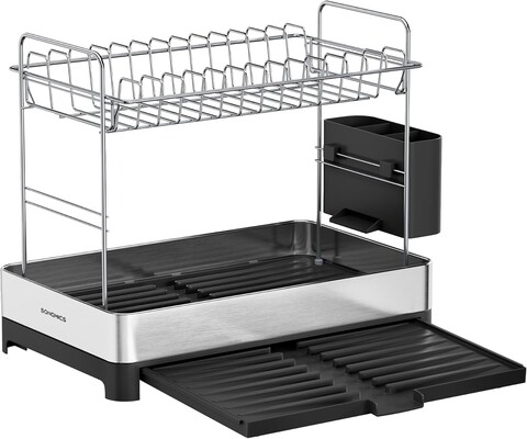 Scurgator pentru vase cu 2 niveluri Songmics, 25-44x40x33.4 cm, max 22 kg, inox/plastic, argintiu/negru