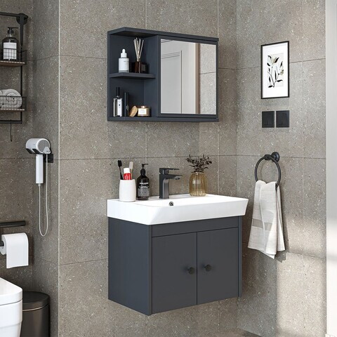 Set Dulap de Baie cu Chiuvetă și Oglindă (2 Piese), Hanah Home, 2679, PAL MELAMINAT, Antracit