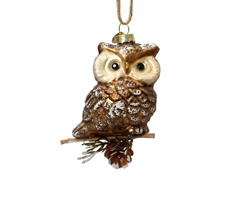 Glob owl w branch, decoris, 8.5x10 cm, sticla, maro