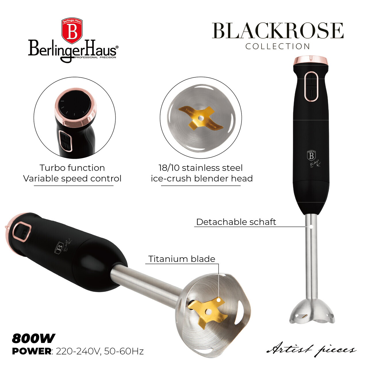Blender de mana Berlinger Haus, Black Rose, 800W, 6 L, inox/plastic, negru/roz - imagine 9