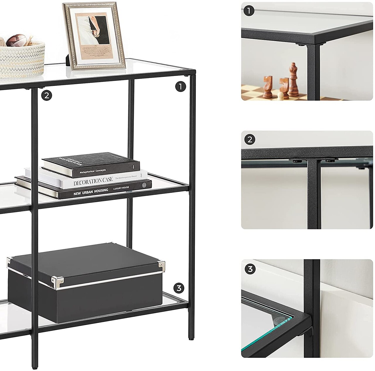 Consola, Vasagle, 100x30x73 cm, sticla temperata/otel, negru - imagine 5