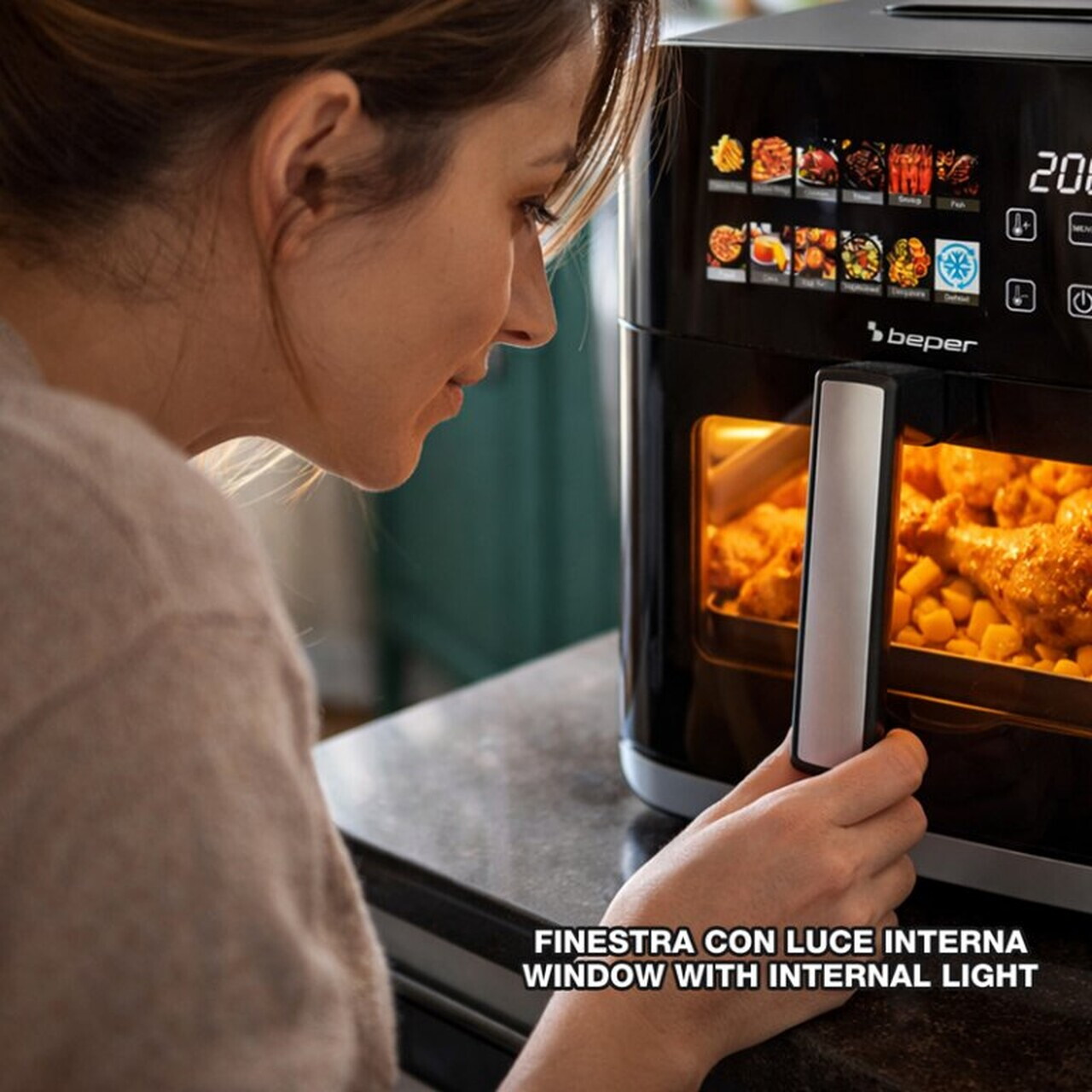 Friteuza digitala cu aer cald Mirabella, Beper, 1800W, 9L, 37x30x32 cm, 12 programe, negru — imaginea 4
