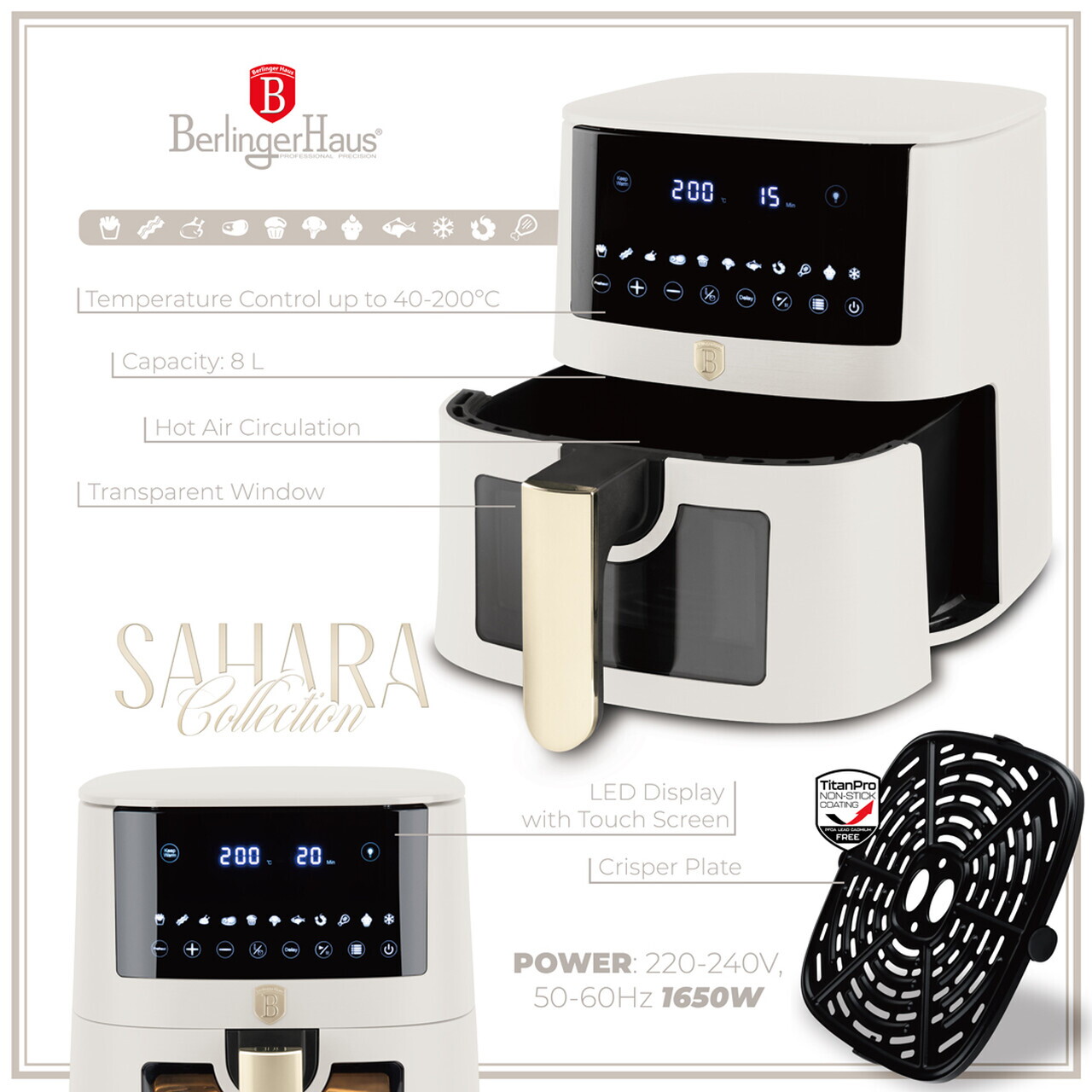 Friteuza cu aer cald si fereastra Berlinger Haus, Sahara, 38.8x30x32.4 cm, 8 L, 1650W, crem mat - imagine 7