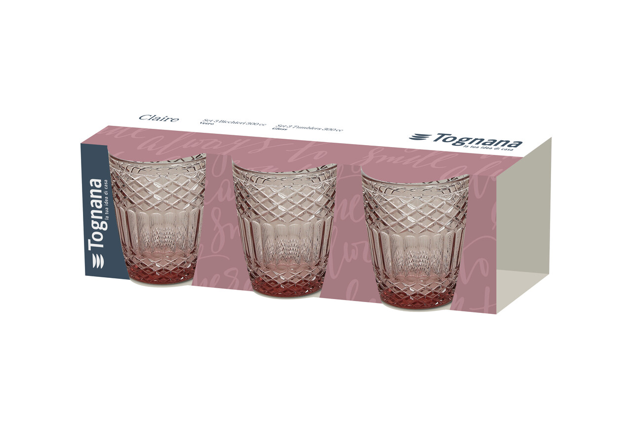 Set 3 pahare Claire, Tognana Porcellane, 300 ml, sticla, roz