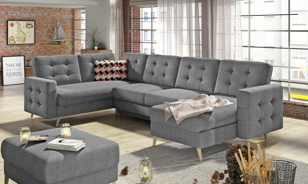 Coltar extensibil reversibil 5 locuri ELTAP, AsdU-04, Asgard, 326x202x93 cm, lemn/poliester, gri