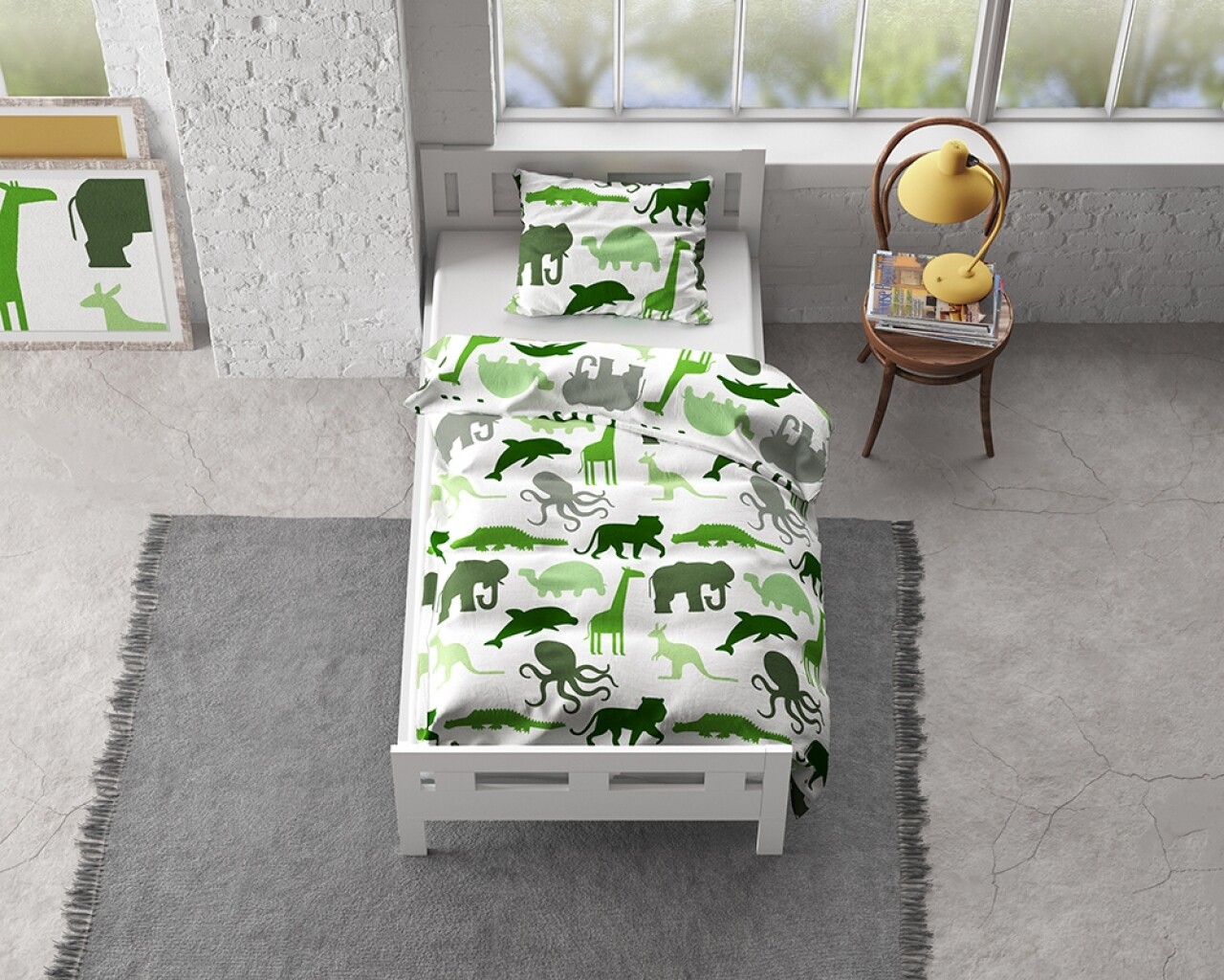 Lenjerie De Pat Pentru O Persoana, Small Dino Green, Royal Textile, 2 Piese, 140 X 200 Cm, 100% Bumbac Flanel, Alb/verde