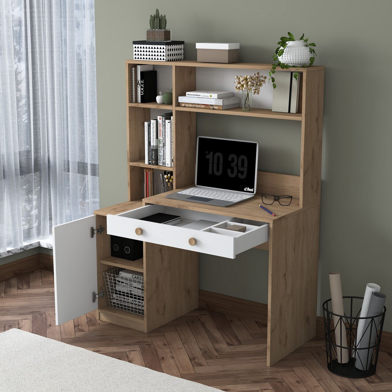 Set birou si biblioteca, Hanah Home, HA126, 115x146x50 cm, PAL melaminat, Nuc/Alb - view 3
