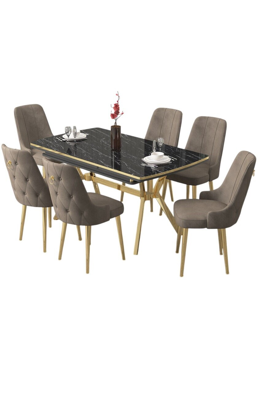 Set masa extensibila si scaune (7 piese), Hanah Home, Nis, Model de marmură neagră / Auriu / Cappuccino — imaginea 2