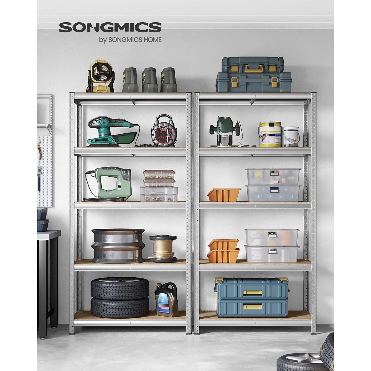 Set 2 rafturi modulare pentru depozitare, Songmics, max 600 kg, 100x50x200 cm, MDF/otel, argintiu