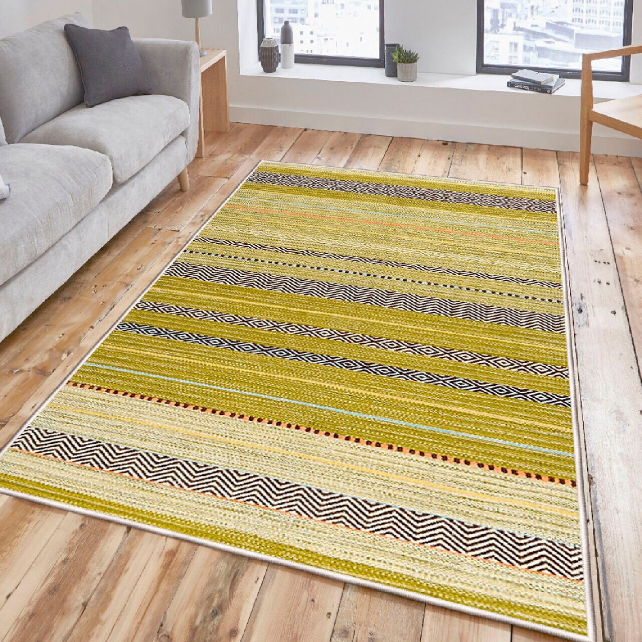 Covor Woosonıl140 120x180 cm Bumbac Alb / Galben / Verde / Negru