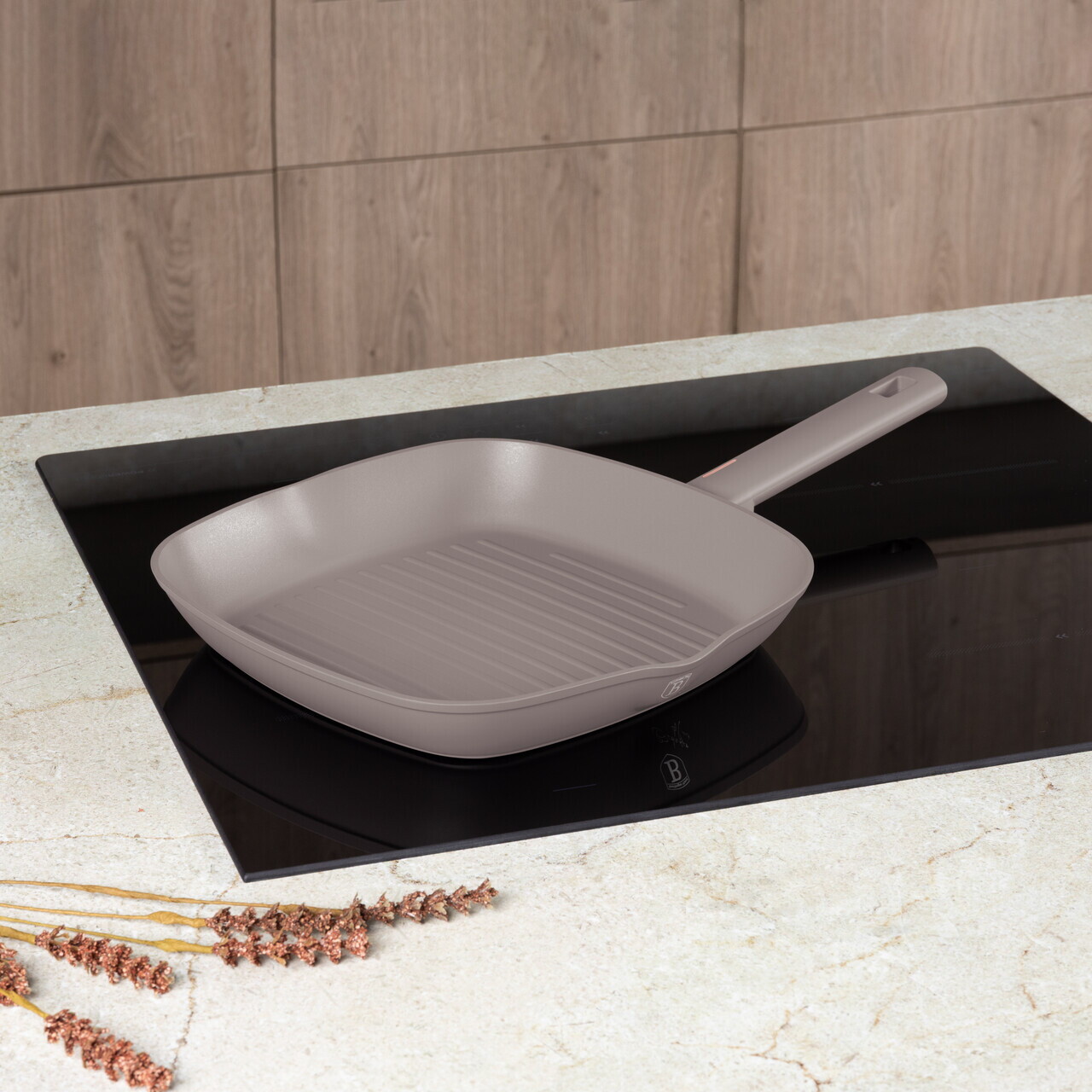 Tigaie grill Berlinger Haus, Taupe, 28 cm, 2.1 L, aluminiu forjat, taupe mat - imagine 3