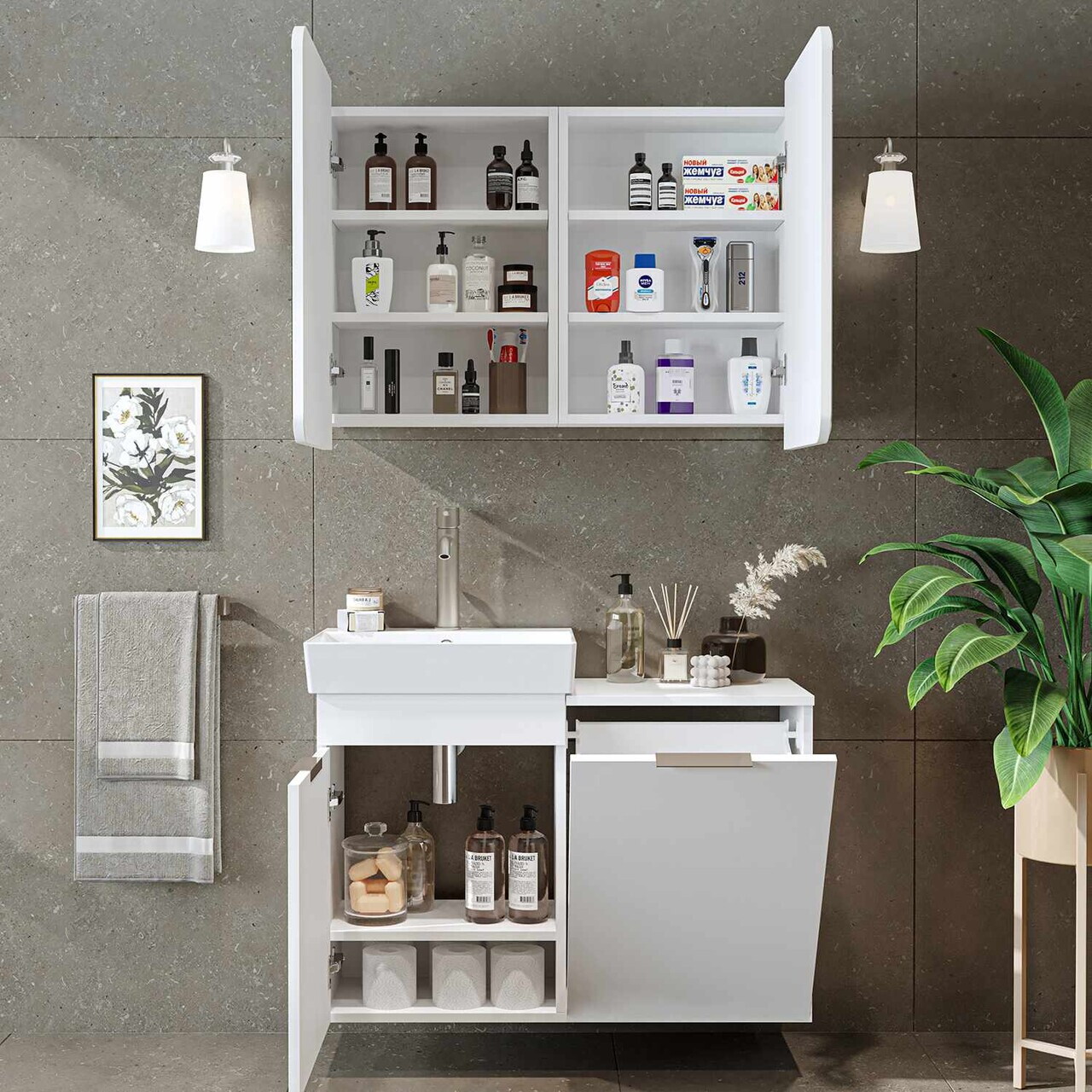 Set Dulap de Baie cu Chiuvetă și Oglindă (2 Piese), Hanah Home, Dubai Sepetli, PAL, Alb — imaginea 5