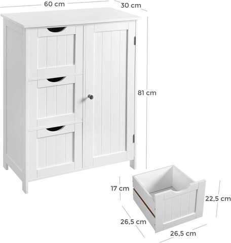Dulap pentru baie cu 3 sertare si 1 usa, Vasagle, 60 x 30 x 81 cm, MDF, alb