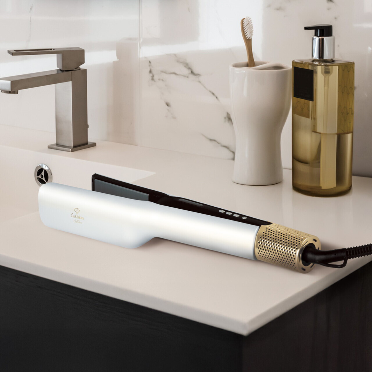 Placa de par cu uscator, 2 in 1 Fashion TV, Pearl White-Gold, 1000W, 230°C, 3 viteze, 3 trepte de temperatura, invelis ceramic, alb - view 5