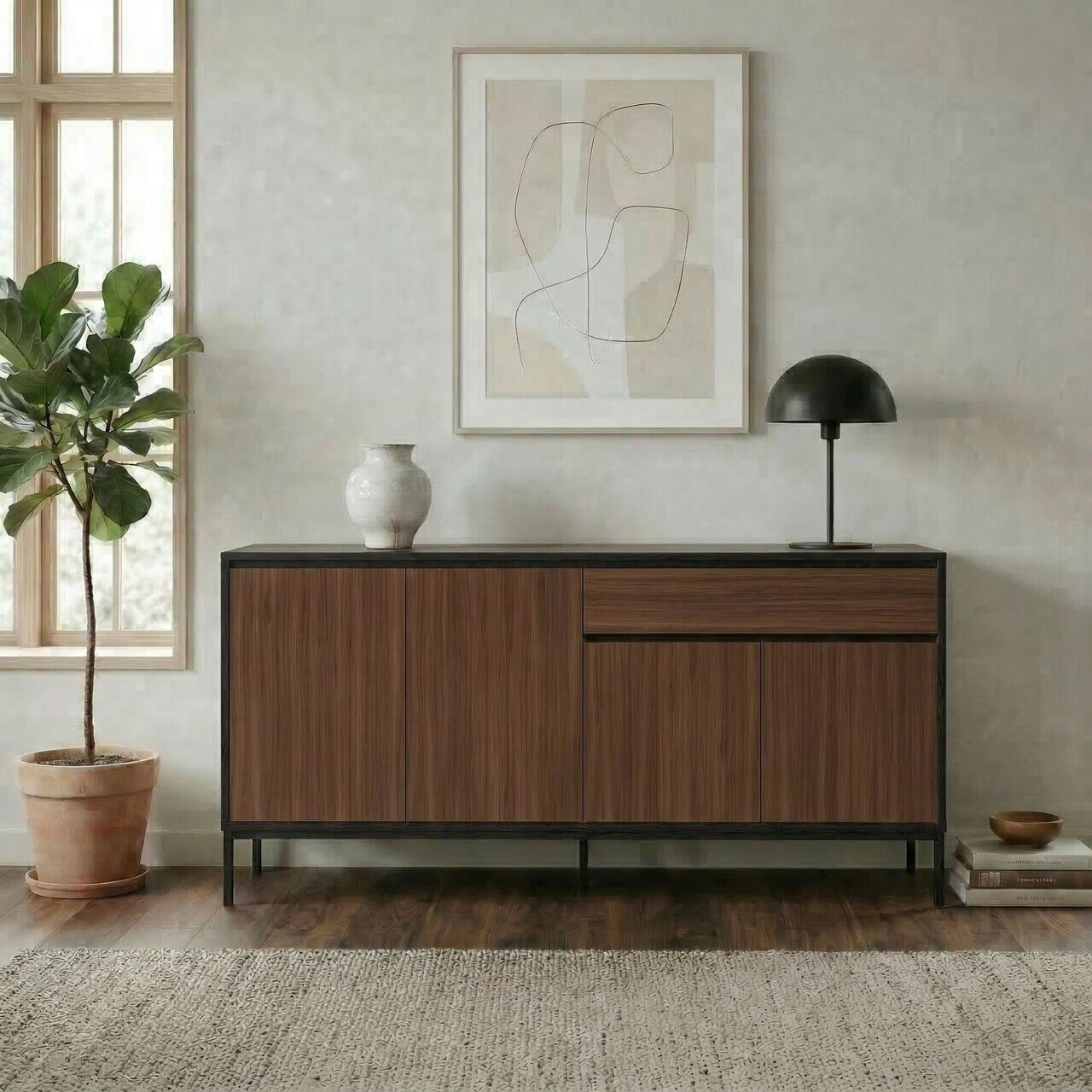 Consola, Hanah Home, Lorenza, 180x80x40 cm, PAL, Nuc Milano / Negru lemn / Negru — imaginea 2