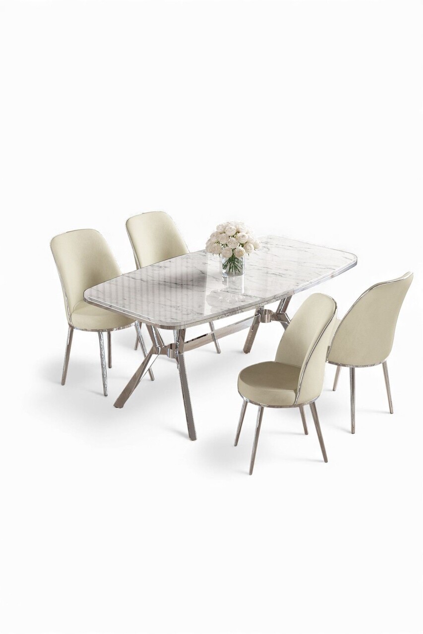 Set masă și scaune (5 bucăți), Hanah Home, Lena, Marmură albă / Crom / Crem - view 2