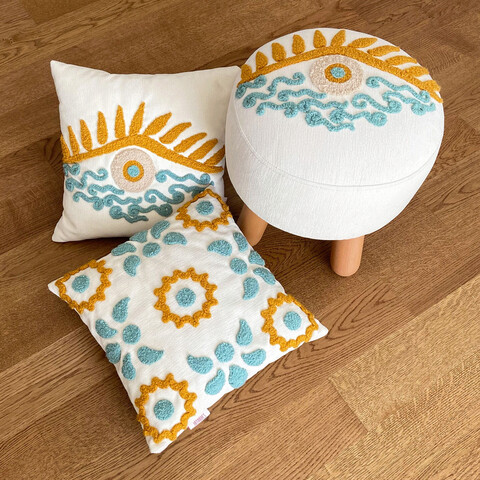 Set taburet si perne 3 piese, sunny fate, material: 20% in, 80% poliester, mustar / menta / albastru