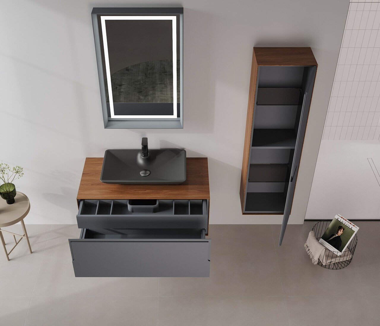 Dulap de baie cu chiuvetă, Hanah Home, Craft 100, Nuc / Antracit — imaginea 3