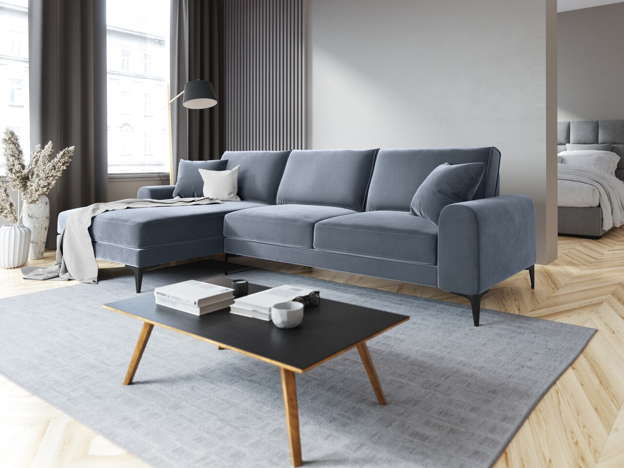 Coltar stanga, Madara, Mazzini Sofas, 5 locuri, 254x182x90 cm, catifea, albastru deschis