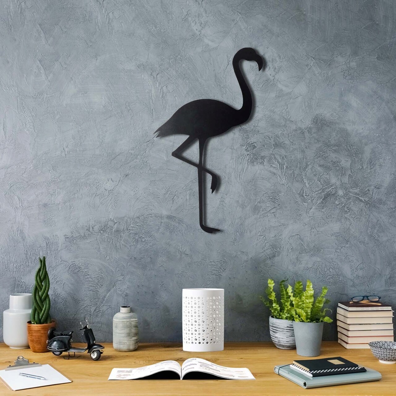 Decoratiune de perete, Flamingo Silhouette, Metal, Dimensiune: 51 x 30 cm, Negru