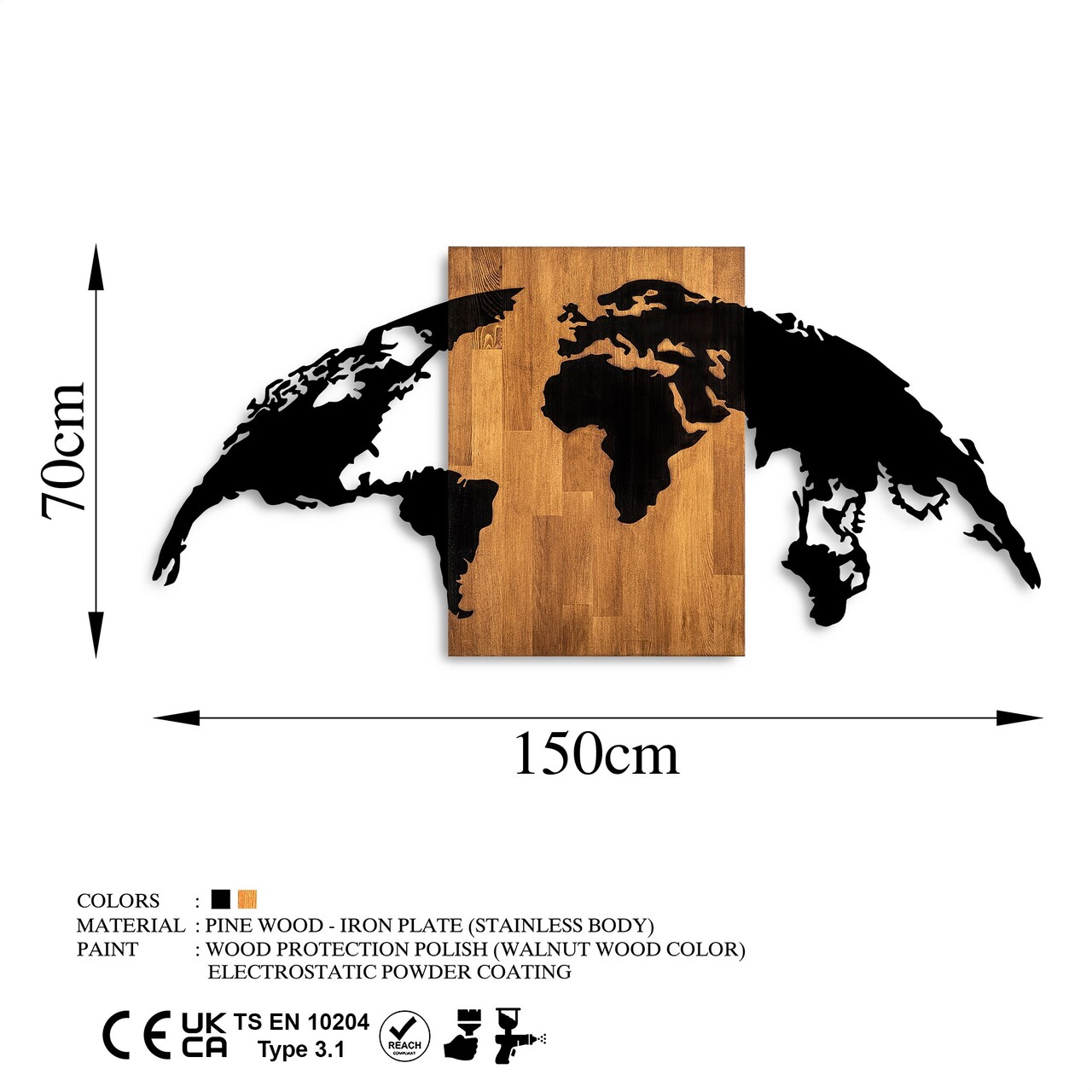 Decoratiune de perete, World Map 20, Dimensiune: 70 x 150 cm, Nuc / Negru - view 6