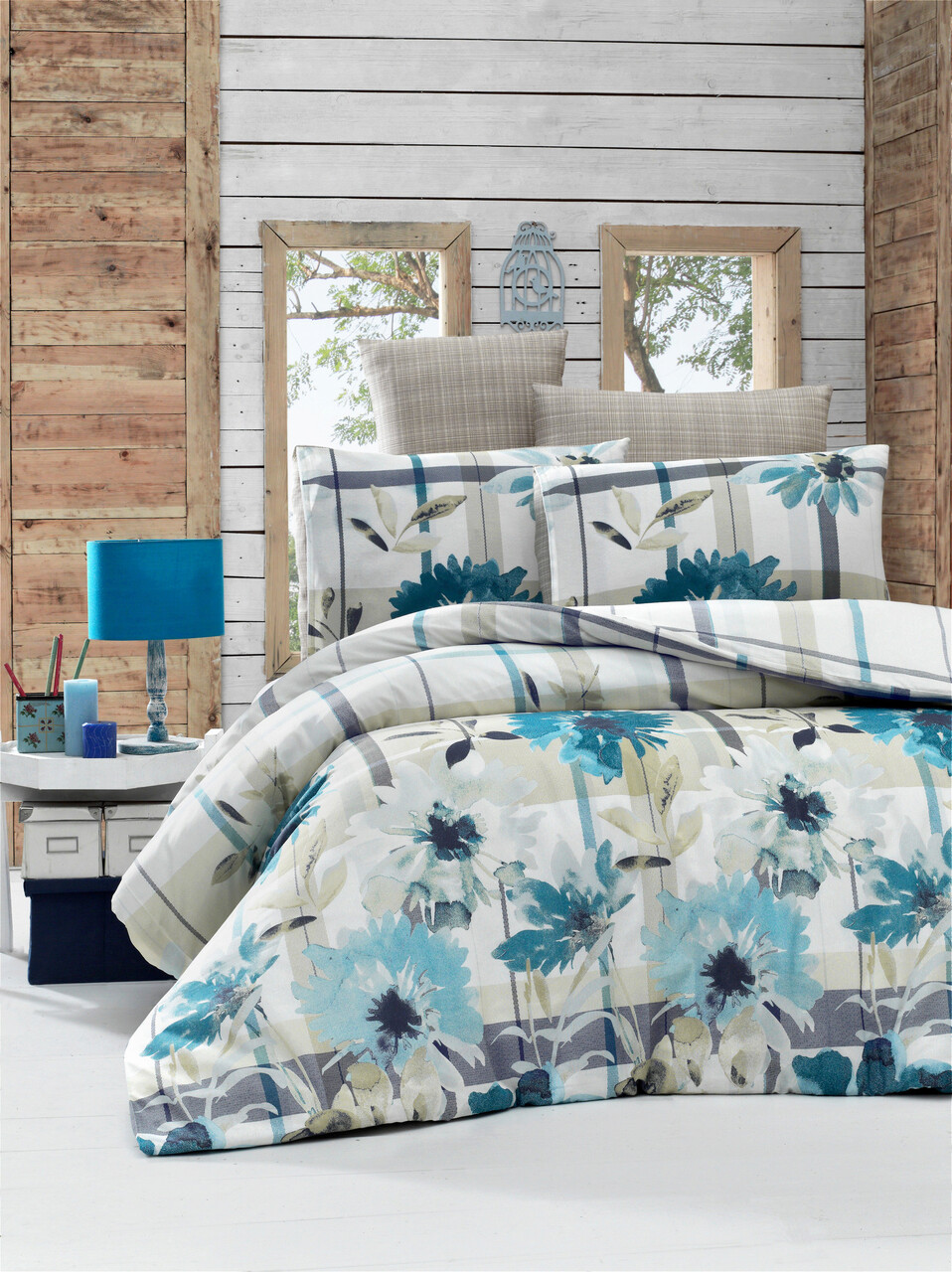 Lenjerie de pat pentru o persoana (EU) (IT), 2 piese, L'essentiel Maison, Vanesa, Albastru / Verde măsliniu / Gri