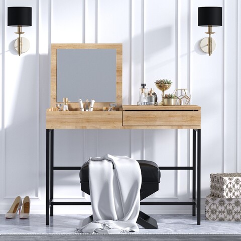 Masa de toaleta / machiaj cu oglinda Linda, Elegance, 100x45x75 cm, natural/negru 100x45x75